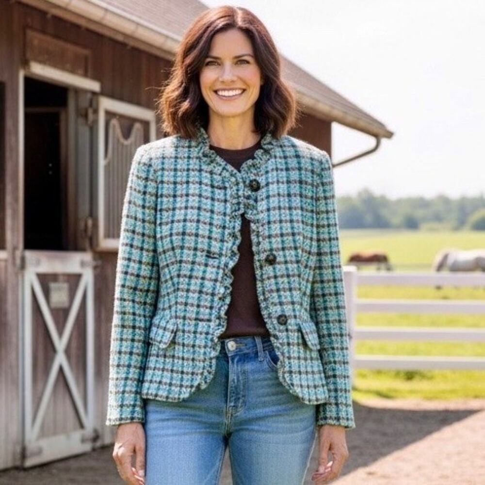 Talbots Women's Y2K Wool Tweed Plaid Ruffle Blazer, Size 4P, Multi Color. Flawed
